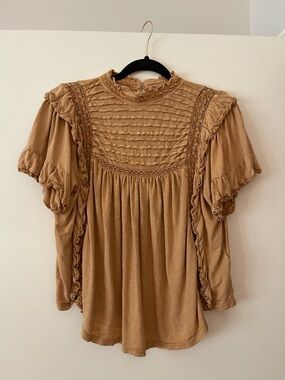 Free People Camel Ruffle Pintuck Blouse